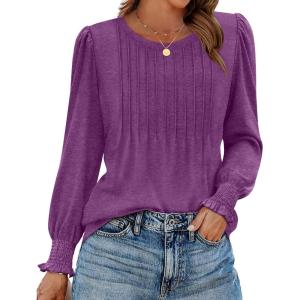 imageZeagoo Womens Tops Puff Long Sleeve Shirts Dressy Casual Crew Neck Pleated Summer Fall Work Blouses S3XLPurple