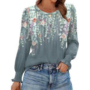 imageZeagoo Womens Tops Puff Long Sleeve Shirts Dressy Casual Crew Neck Pleated Summer Fall Work Blouses S3XLWf71