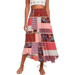 imageZeagoo Womens Flowy Pleated Skirts A Line Elastic High Waisted Midi Skirt Boho Casual Long Skirts Brown Leaf Print XXLMz747