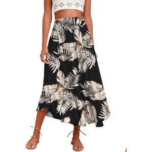 imageZeagoo Womens Flowy Pleated Skirts A Line Elastic High Waisted Midi Skirt Boho Casual Long Skirts Brown Leaf Print XXLZw29