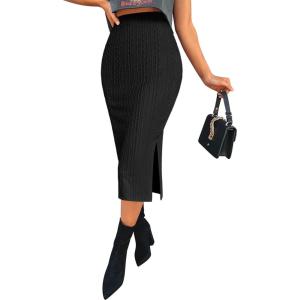imageZeagoo Womens Knit Midi Skirts Casual Pencil Skirt High Waisted Long Skirt with Slit Elegant Work Office SkirtsBlack