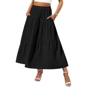 imageZeagoo Womens Midi Summer 2025 Boho Elastic High Waist ALine Flowy Swing Asymmetric Tiered Skirt Dress with Pockets01black