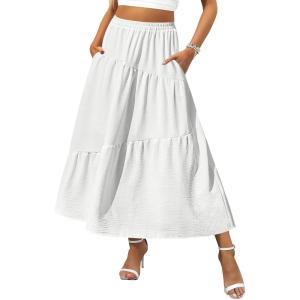 imageZeagoo Womens Midi Summer 2025 Boho Elastic High Waist ALine Flowy Swing Asymmetric Tiered Skirt Dress with Pockets01white