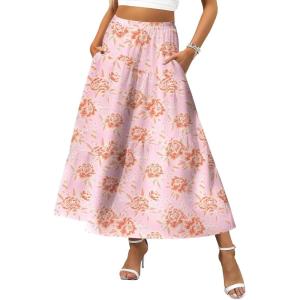 imageZeagoo Womens Midi Summer 2025 Boho Elastic High Waist ALine Flowy Swing Asymmetric Tiered Skirt Dress with PocketsLight Red Floral