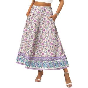 imageZeagoo Womens Midi Summer 2025 Boho Elastic High Waist ALine Flowy Swing Asymmetric Tiered Skirt Dress with PocketsPurple Floral