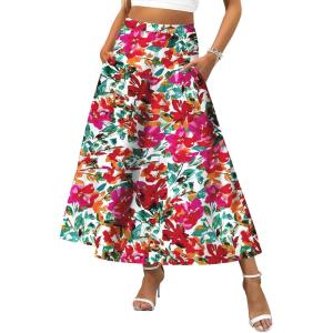 imageZeagoo Womens Midi Summer 2025 Boho Elastic High Waist ALine Flowy Swing Asymmetric Tiered Skirt Dress with PocketsRed Floral 1