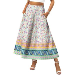 imageZeagoo Womens Midi Summer 2025 Boho Elastic High Waist ALine Flowy Swing Asymmetric Tiered Skirt Dress with PocketsWhite Blue Floral