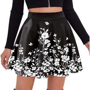 imageZeagoo Womens Skirt Basic Mini Skater Skirt 2025 Fall Skirts Stretchable High Waist ALine Dance SkirtsBlack Floral