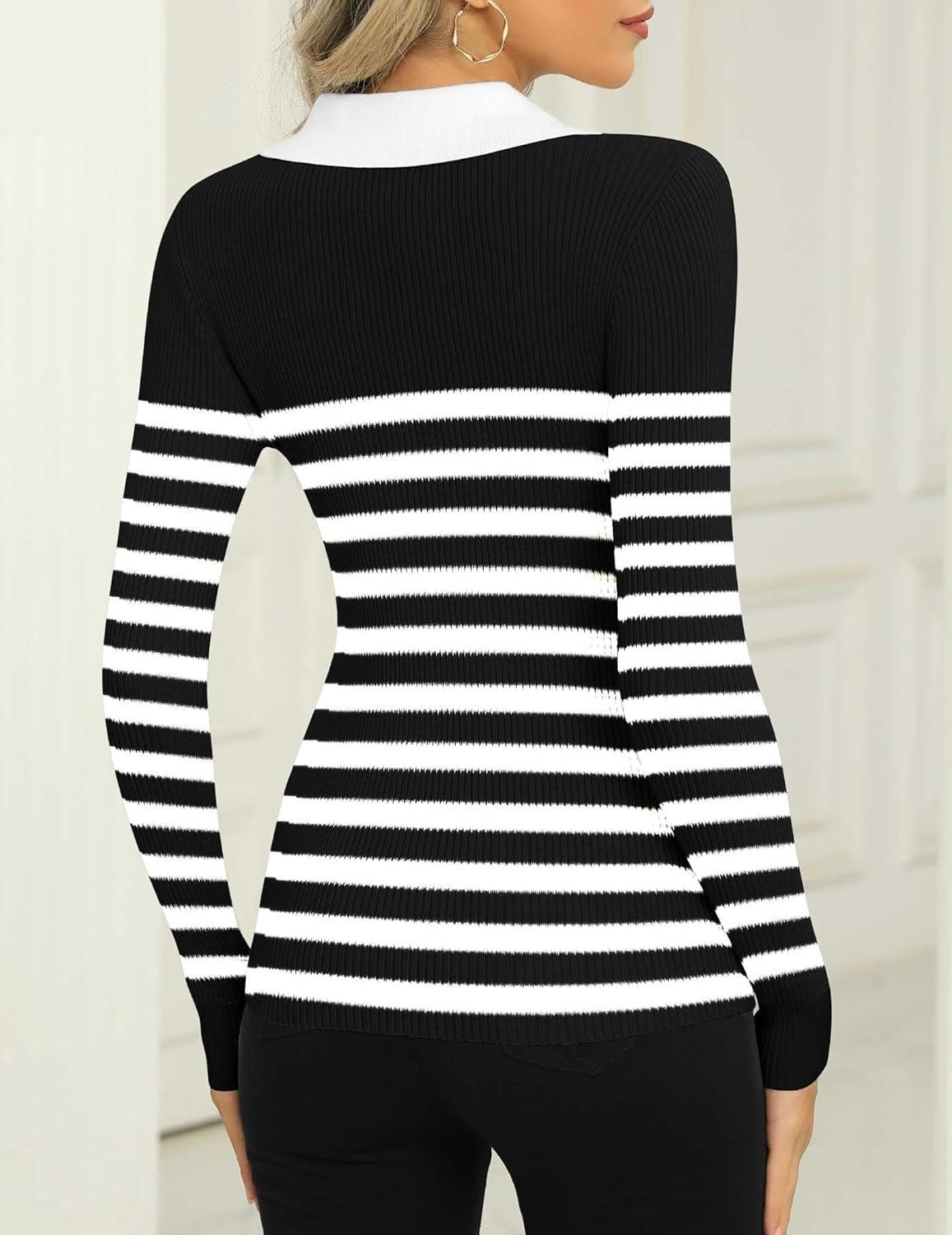 imageZeagoo Womens 2025 Sweater Tops Long Sleeve V Neck Ribbed Knit Slim Fitted Casual Work Basic Shirts SXXLBlack White Stripe