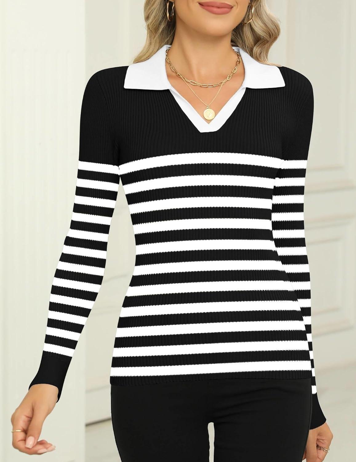 imageZeagoo Womens 2025 Sweater Tops Long Sleeve V Neck Ribbed Knit Slim Fitted Casual Work Basic Shirts SXXLBlack White Stripe