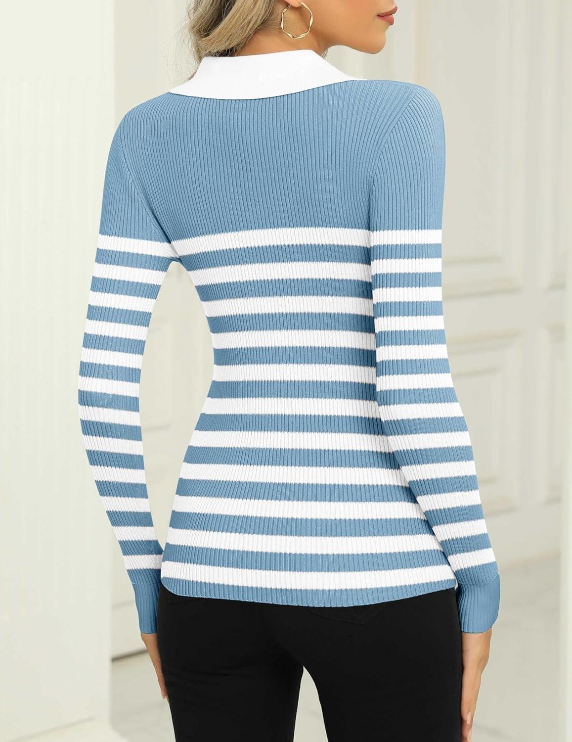 imageZeagoo Womens 2025 Sweater Tops Long Sleeve V Neck Ribbed Knit Slim Fitted Casual Work Basic Shirts SXXLBlue White Stripe