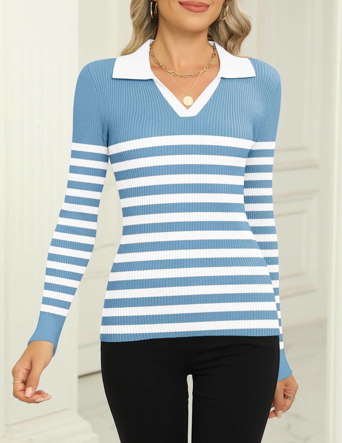 imageZeagoo Womens 2025 Sweater Tops Long Sleeve V Neck Ribbed Knit Slim Fitted Casual Work Basic Shirts SXXLBlue White Stripe