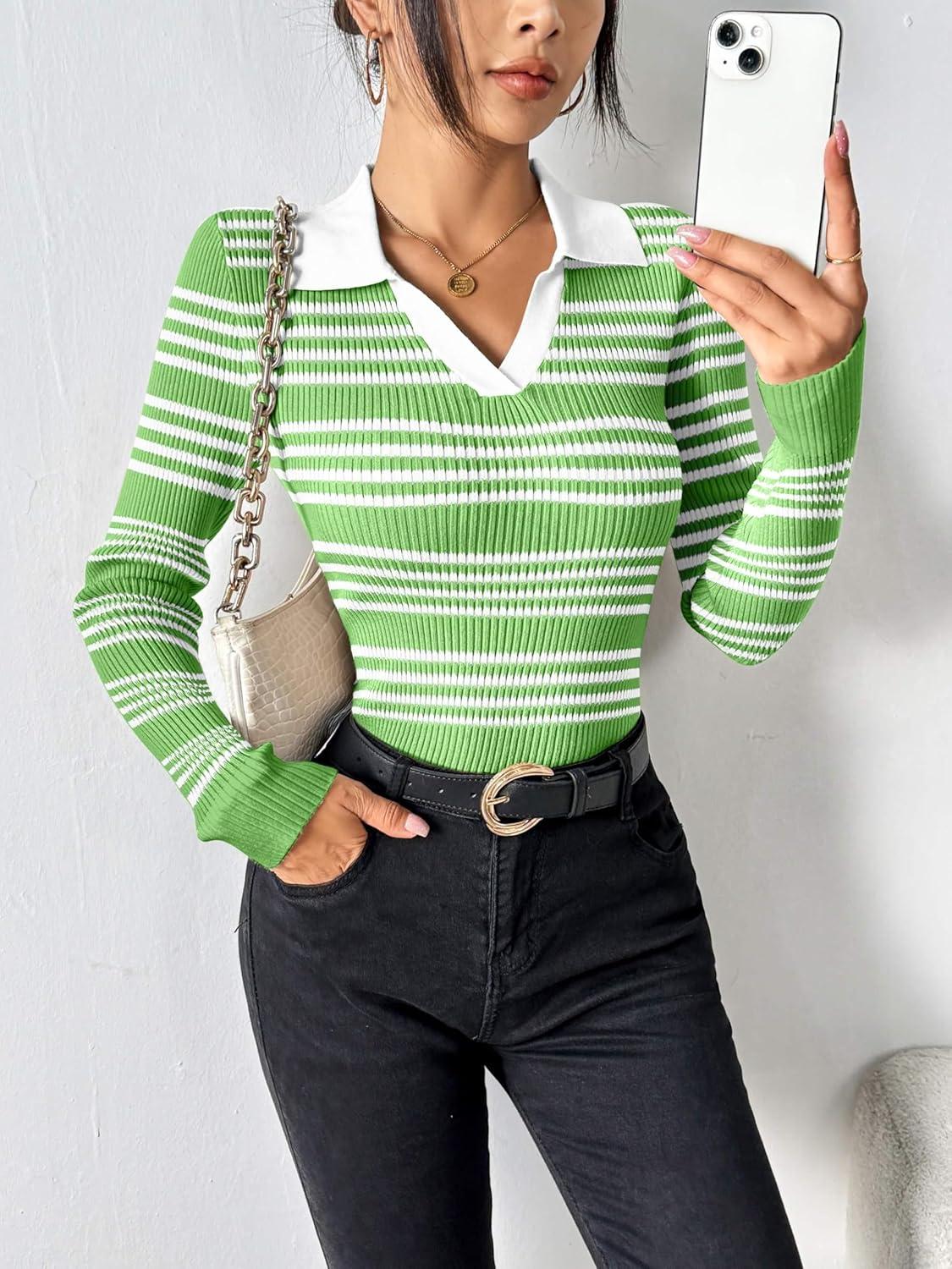 imageZeagoo Womens 2025 Sweater Tops Long Sleeve V Neck Ribbed Knit Slim Fitted Casual Work Basic Shirts SXXLGreen White Stripe