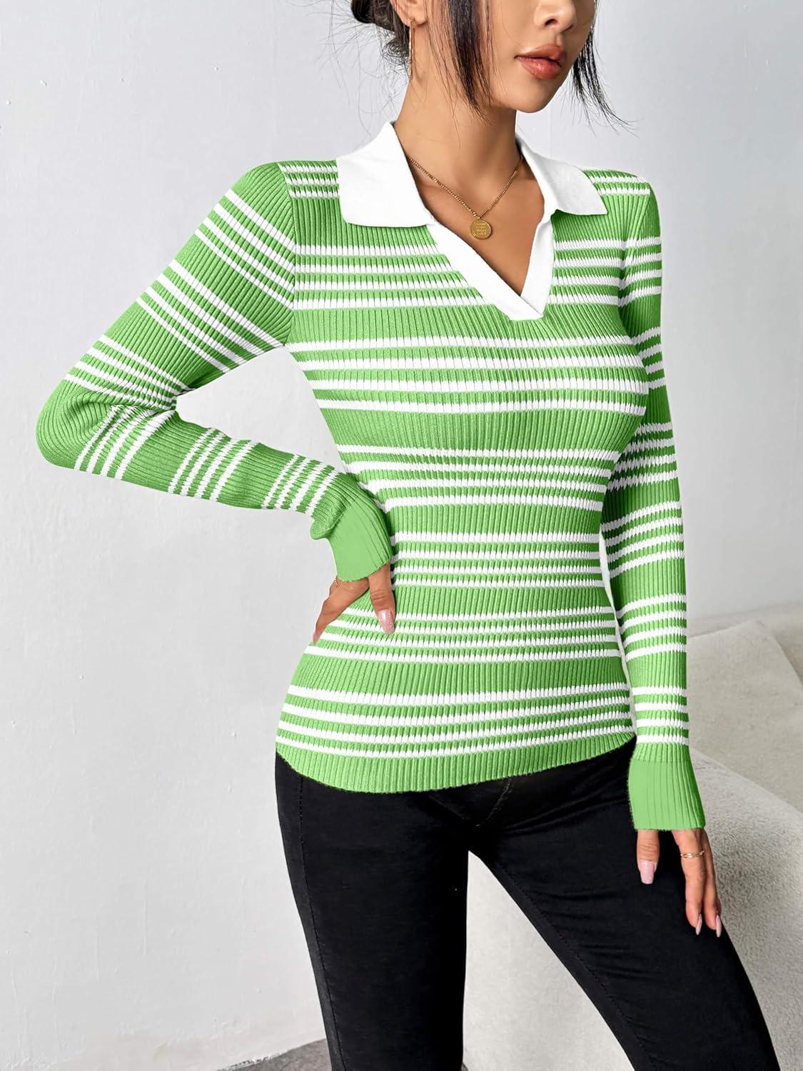 imageZeagoo Womens 2025 Sweater Tops Long Sleeve V Neck Ribbed Knit Slim Fitted Casual Work Basic Shirts SXXLGreen White Stripe