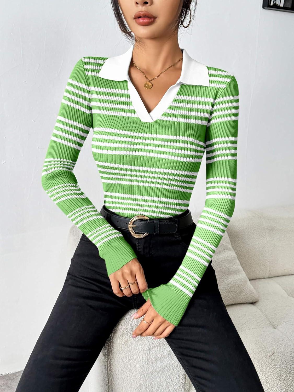imageZeagoo Womens 2025 Sweater Tops Long Sleeve V Neck Ribbed Knit Slim Fitted Casual Work Basic Shirts SXXLGreen White Stripe