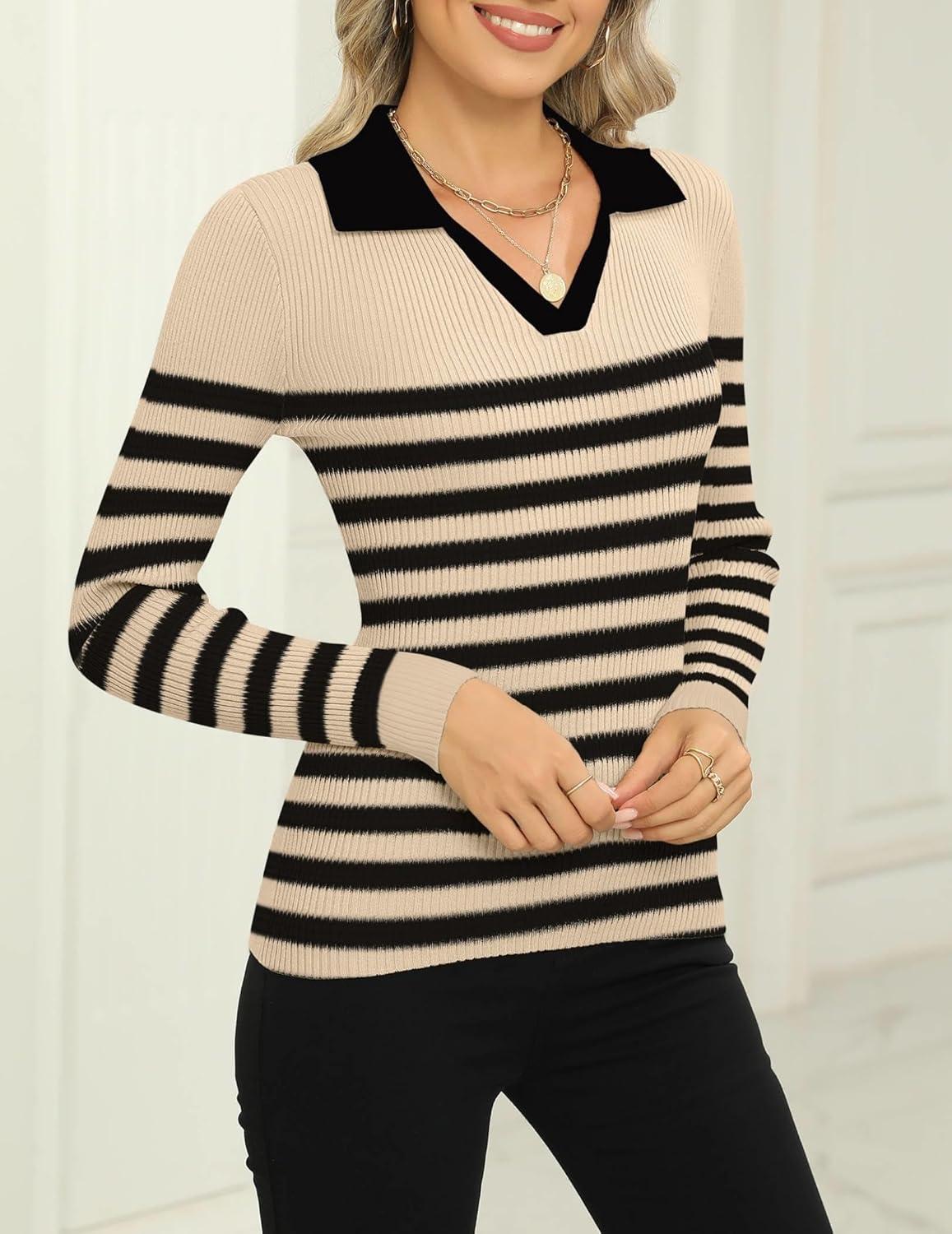 imageZeagoo Womens 2025 Sweater Tops Long Sleeve V Neck Ribbed Knit Slim Fitted Casual Work Basic Shirts SXXLKhaki Black Stripe