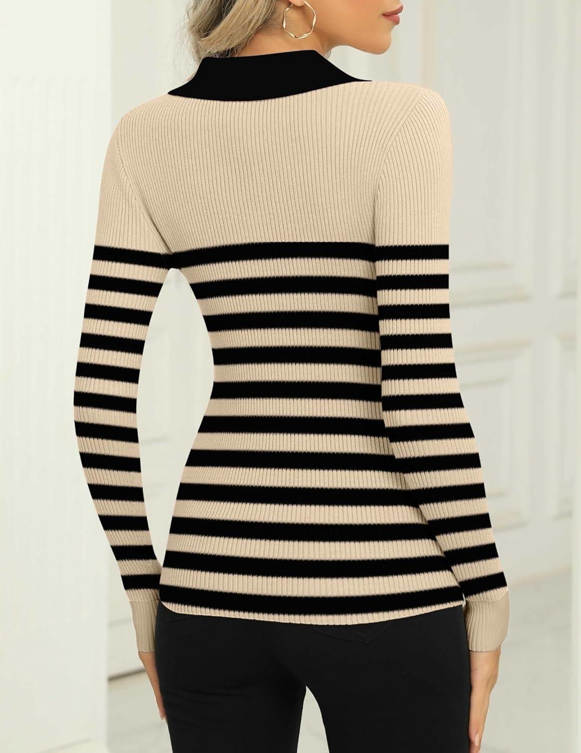 imageZeagoo Womens 2025 Sweater Tops Long Sleeve V Neck Ribbed Knit Slim Fitted Casual Work Basic Shirts SXXLKhaki Black Stripe