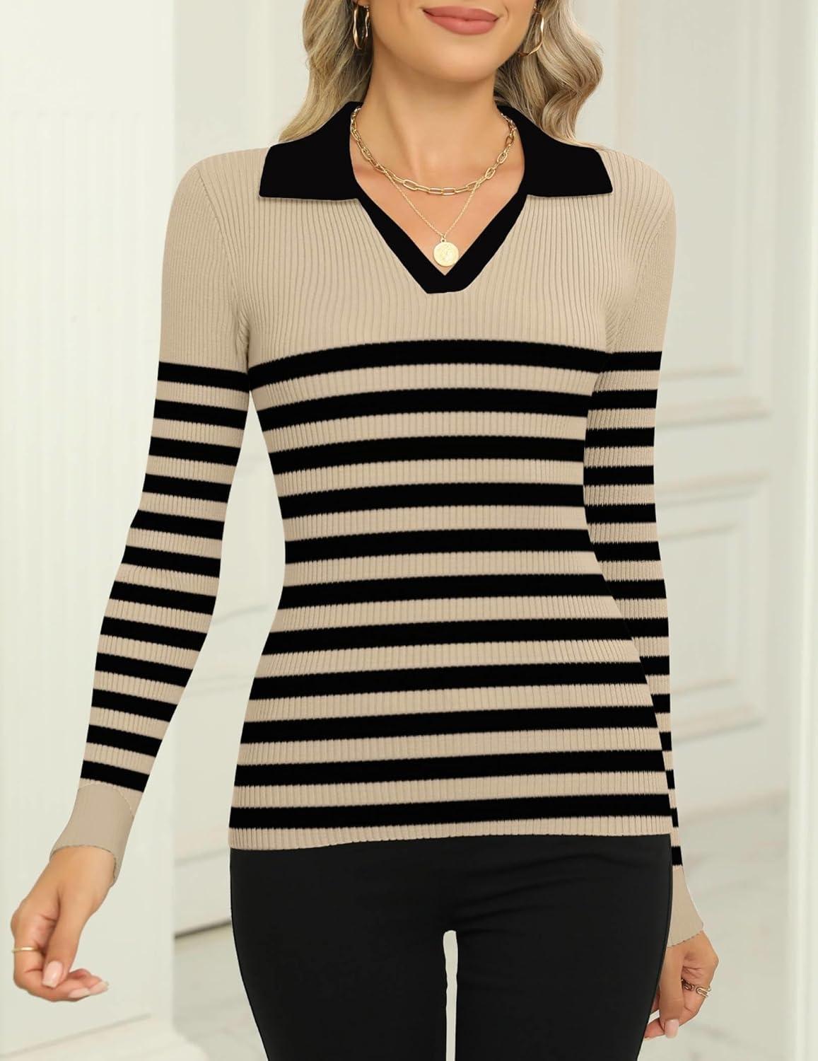 imageZeagoo Womens 2025 Sweater Tops Long Sleeve V Neck Ribbed Knit Slim Fitted Casual Work Basic Shirts SXXLKhaki Black Stripe