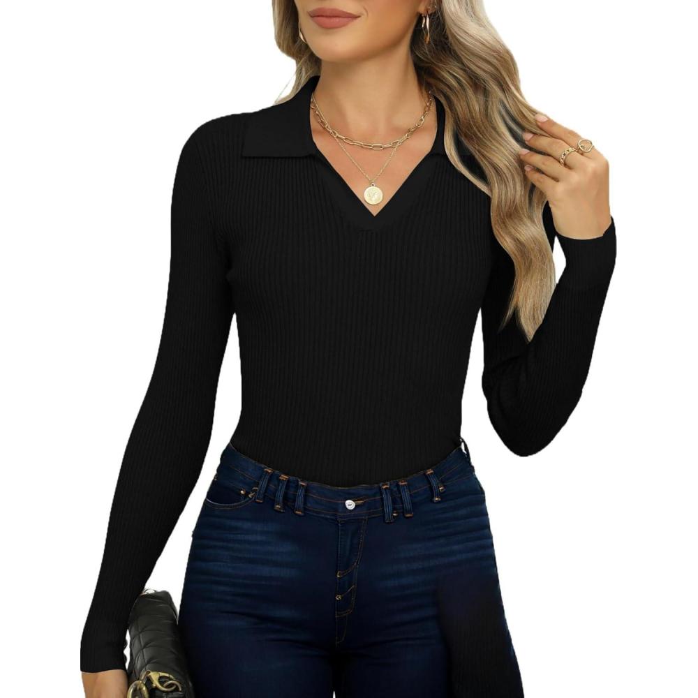 imageZeagoo Womens 2025 Sweater Tops Long Sleeve V Neck Ribbed Knit Slim Fitted Casual Work Basic Shirts SXXLBlack