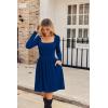 imageZeagoo Womens Casual Sweater Dress Square Neck Knit Long Sleeve Dress with Pockets ALine Knee Length Fall Winter DressNavy Blue