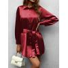 imageZeagoo Womens Stain Long Sleeve Dress Button Down Shirts Tunic Dresses Casual VNeck Mini Dress with BeltWine Red