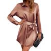 imageZeagoo Womens Stain Long Sleeve Dress Button Down Shirts Tunic Dresses Casual VNeck Mini Dress with BeltBc