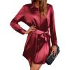 imageZeagoo Womens Stain Long Sleeve Dress Button Down Shirts Tunic Dresses Casual VNeck Mini Dress with BeltWine Red