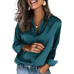 imageZeagoo Satin Blouses for Women Silk Button Down Shirts Long Sleeve Business Casual TopsTeal Blue