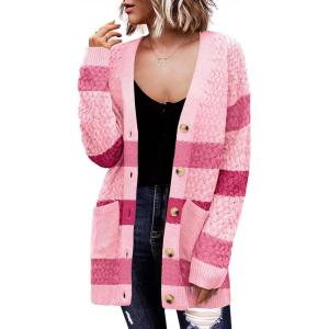 imageZeagoo Womens 2025 Long Sleeve Chunky Cable Knit Fall Cardigans Sweaters Button Down Open Front Outerwear with PocketsPink Colorblock