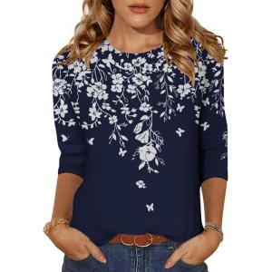 imageZeagoo Womens Casual 34 Sleeve TShirts Round Neck Cute Tunic Tops Basic Tees Blouses Business Work Tee TopBlue Flowersf103