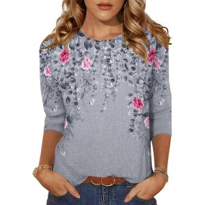 imageZeagoo Womens Casual 34 Sleeve TShirts Round Neck Cute Tunic Tops Basic Tees Blouses Business Work Tee TopGrey Flower