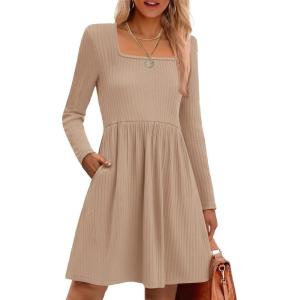 imageZeagoo Womens Casual Sweater Dress Square Neck Knit Long Sleeve Dress with Pockets ALine Knee Length Fall Winter DressApricot