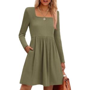 imageZeagoo Womens Casual Sweater Dress Square Neck Knit Long Sleeve Dress with Pockets ALine Knee Length Fall Winter DressArmy Green
