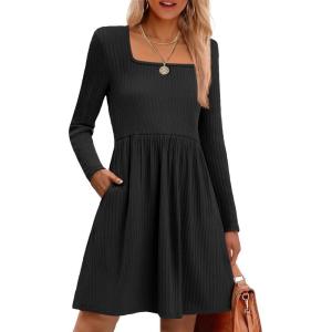 imageZeagoo Womens Casual Sweater Dress Square Neck Knit Long Sleeve Dress with Pockets ALine Knee Length Fall Winter DressBlack