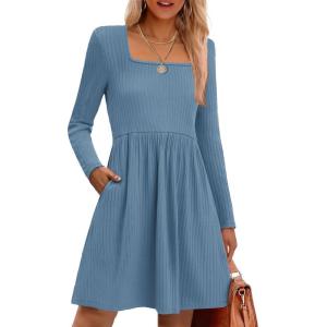 imageZeagoo Womens Casual Sweater Dress Square Neck Knit Long Sleeve Dress with Pockets ALine Knee Length Fall Winter DressBlue