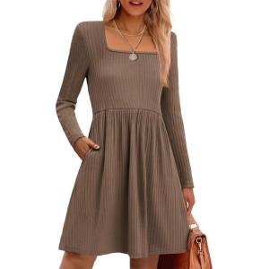 imageZeagoo Womens Casual Sweater Dress Square Neck Knit Long Sleeve Dress with Pockets ALine Knee Length Fall Winter DressBrown