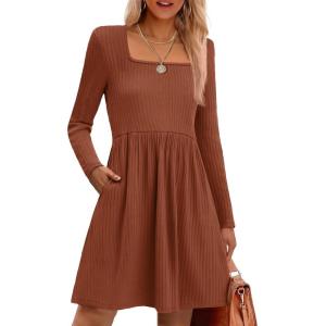 imageZeagoo Womens Casual Sweater Dress Square Neck Knit Long Sleeve Dress with Pockets ALine Knee Length Fall Winter DressCaramel