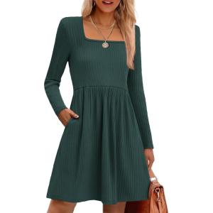 imageZeagoo Womens Casual Sweater Dress Square Neck Knit Long Sleeve Dress with Pockets ALine Knee Length Fall Winter DressDark Green