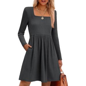 imageZeagoo Womens Casual Sweater Dress Square Neck Knit Long Sleeve Dress with Pockets ALine Knee Length Fall Winter DressDark Grey
