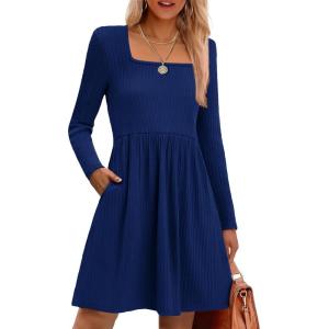imageZeagoo Womens Casual Sweater Dress Square Neck Knit Long Sleeve Dress with Pockets ALine Knee Length Fall Winter DressNavy Blue