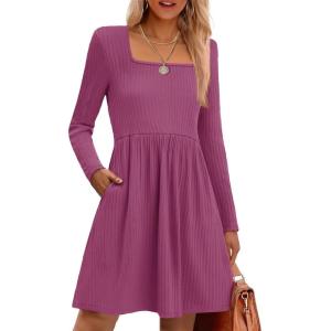imageZeagoo Womens Casual Sweater Dress Square Neck Knit Long Sleeve Dress with Pockets ALine Knee Length Fall Winter DressPurple