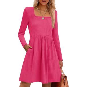 imageZeagoo Womens Casual Sweater Dress Square Neck Knit Long Sleeve Dress with Pockets ALine Knee Length Fall Winter DressRed
