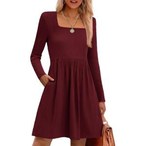 imageZeagoo Womens Casual Sweater Dress Square Neck Knit Long Sleeve Dress with Pockets ALine Knee Length Fall Winter DressWine Red