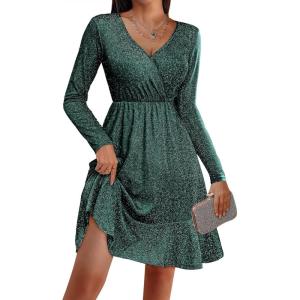 imageZeagoo Womens Glitter Dress Wrap V Neck Long Sleeve Swing Club Cocktail Party Dresses Sequin Sparkle Dress Christmas DressGreen