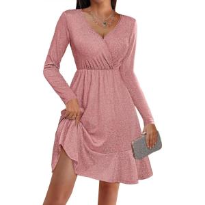 imageZeagoo Womens Glitter Dress Wrap V Neck Long Sleeve Swing Club Cocktail Party Dresses Sequin Sparkle Dress Christmas DressPink