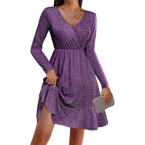 imageZeagoo Womens Glitter Dress Wrap V Neck Long Sleeve Swing Club Cocktail Party Dresses Sequin Sparkle Dress Christmas DressPurple