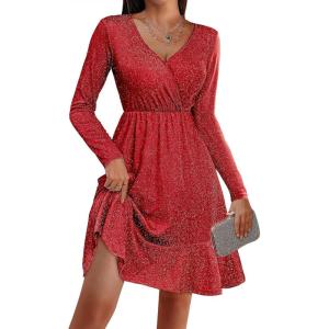 imageZeagoo Womens Glitter Dress Wrap V Neck Long Sleeve Swing Club Cocktail Party Dresses Sequin Sparkle Dress Christmas DressRed