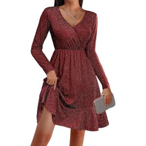 imageZeagoo Womens Glitter Dress Wrap V Neck Long Sleeve Swing Club Cocktail Party Dresses Sequin Sparkle Dress Christmas DressWine Red
