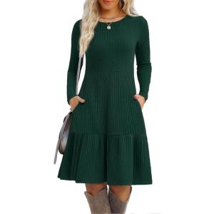 imageZeagoo Womens Long Sleeve Fall Dresses with Pockets 2025 Flowy Casual Ribbed Knit Crew Neck Knee Length Sweater Dress0green