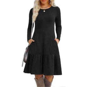 imageZeagoo Womens Long Sleeve Fall Dresses with Pockets 2025 Flowy Casual Ribbed Knit Crew Neck Knee Length Sweater DressBlack